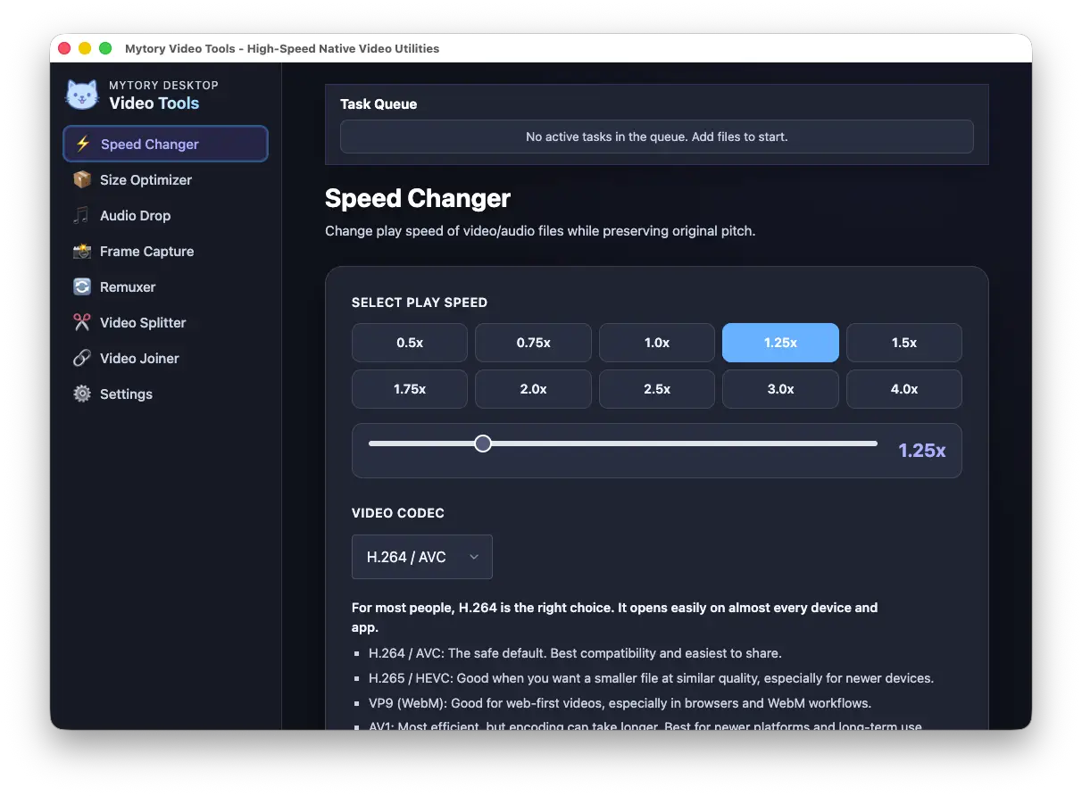 Mytory Video Tools main interface showing Speed Changer tool with dark sidebar and control panel